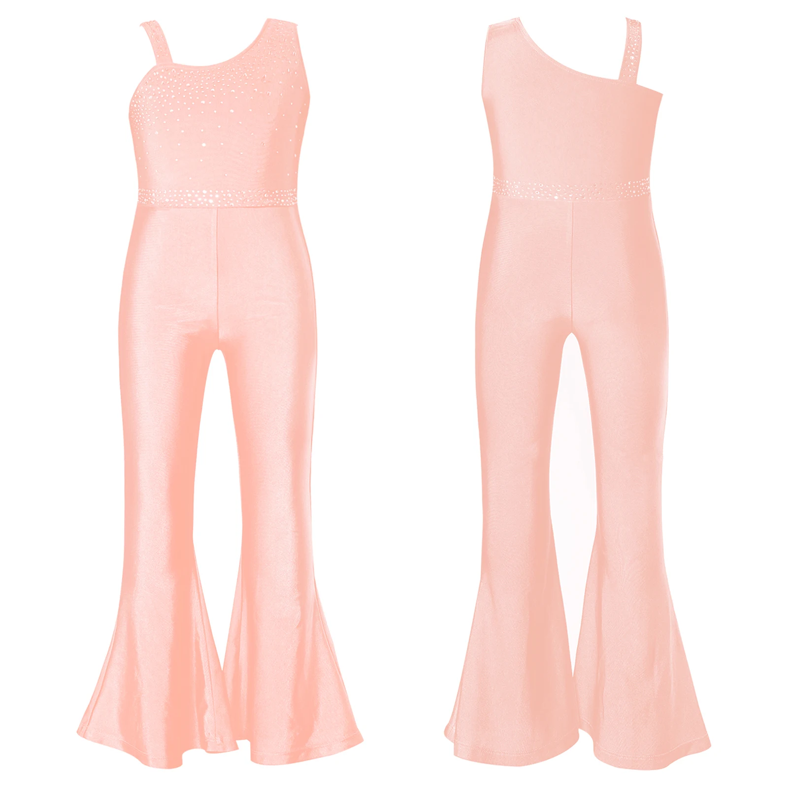 

Kids Girls Ballet Dance Jumpsuit Gymnastics Leotards Sleeveless Oblique Shoulder Rhinestone Wide-leg Bell-bottom Skating Unitard