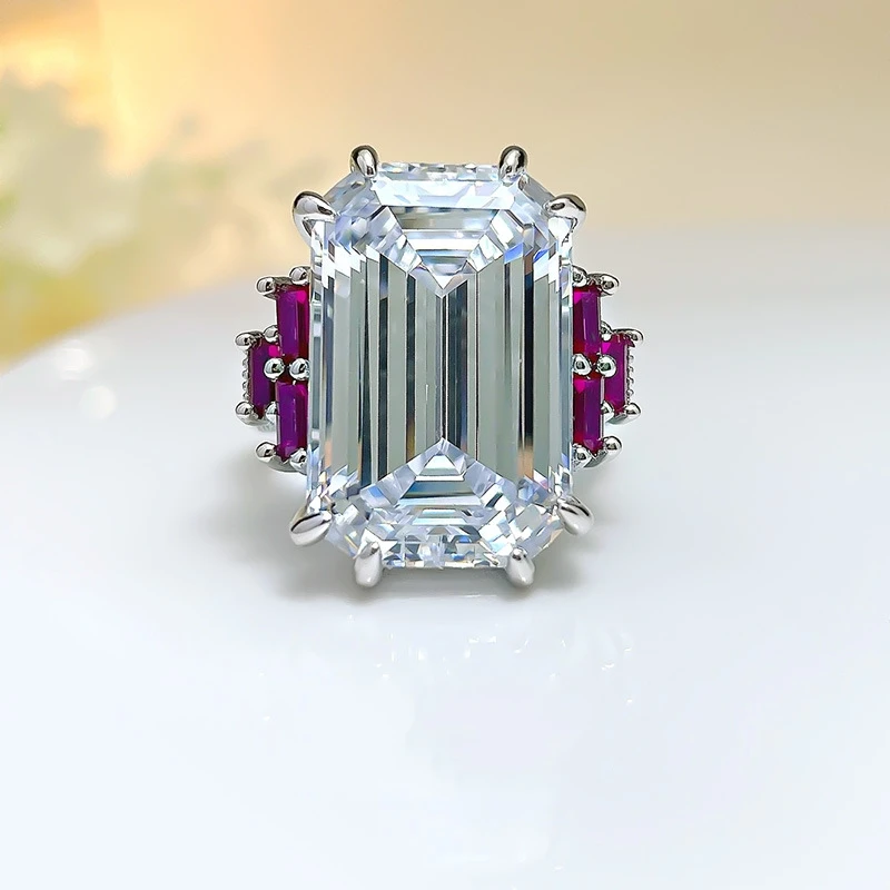 

Emerald Cut Big Rock Candy Diamond Ring 19 Carat High Carbon Heavy Industry, 925 Sterling Silver, Set With European And