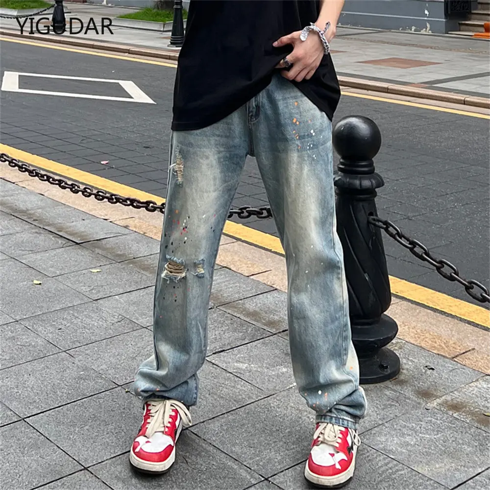 

streetwear jean femme baggy wide leg denim Jeans for men Man casual pants Men's jeans ripped hole Male trousers mens pantalon
