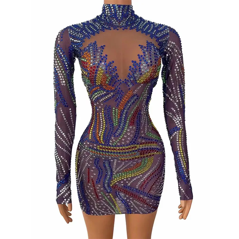 

Women See Through Multi-color Rhinestone Dress Transparent Long Sleeve Dress Evening Birthday Celebrate Party Costume