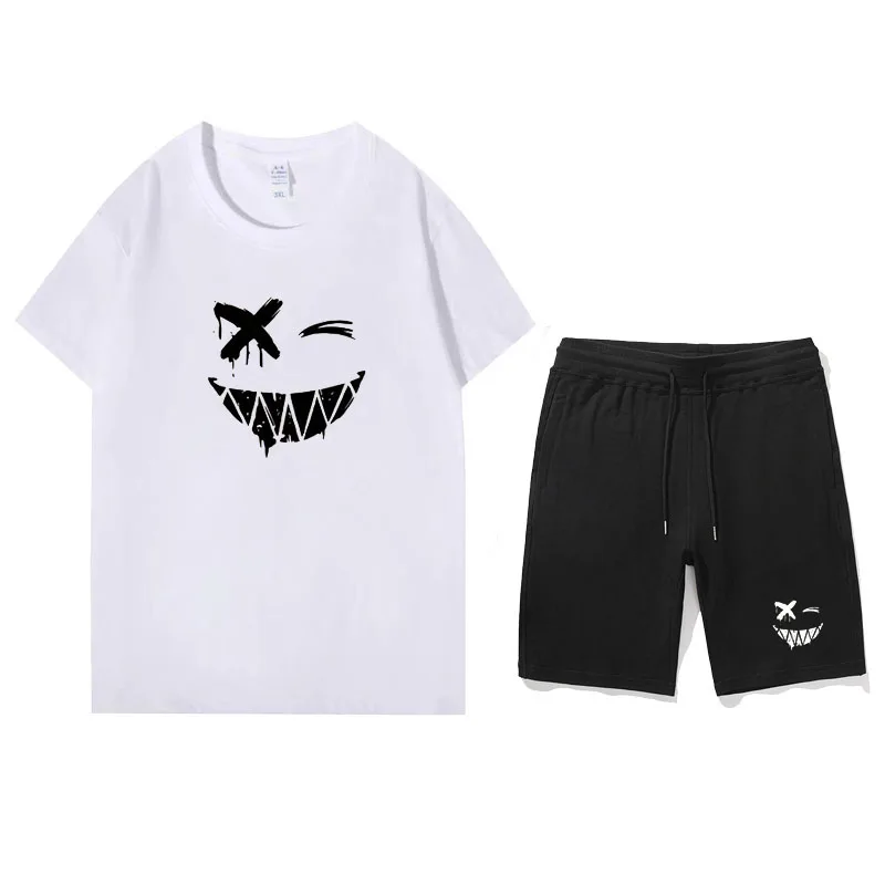 

Two Piece Set Shorts Sets Mens Cotton T-Shirts Shorts Smile Printed Sport Suit mens Streetwear Summer Outfits men clothing