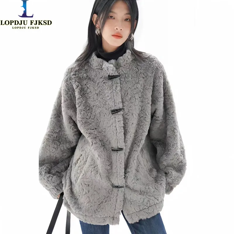 

Faux Lamb Fur Coat for Women,Horn Button Jacket, Long, Loose, Thicken Warm,Fashion Female Clothes, High Quality, New , 2023