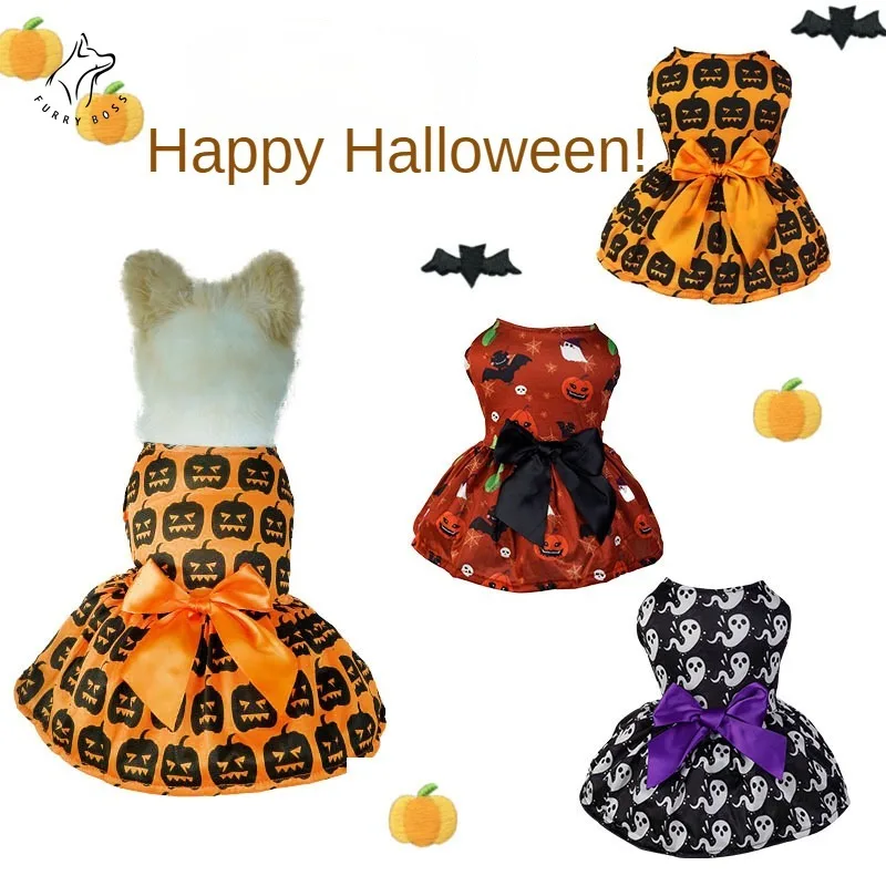 

New Halloween Dog Clothes Funny Pet Dress Pumpkin Print Dress Chihuahua Yorkie Bow Mesh Dress Pet Party Clothing Cat Dog Costume