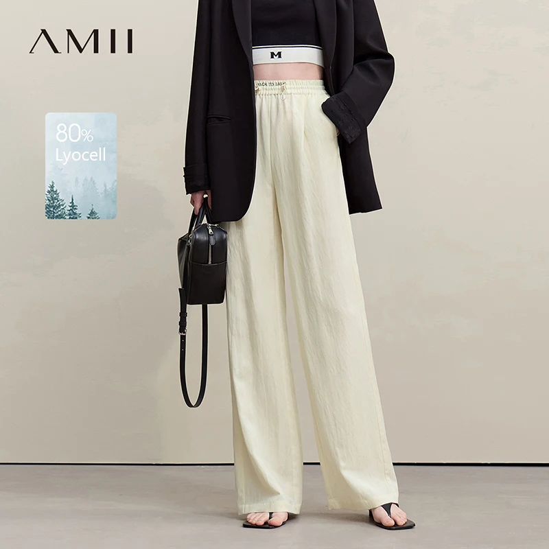 Amii Damen Weite Hosen 2026 Sommer mit elastischem Bund Lockerer Schnitt Bedruckte Damenhose Lässige Weite Lange Hose 12642005