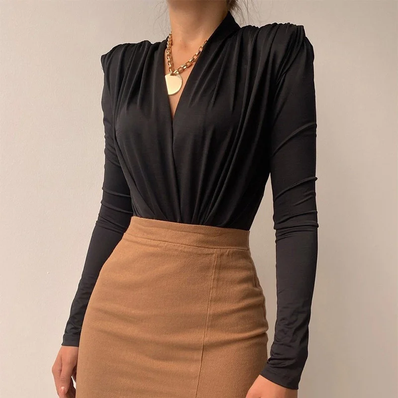 Women's V-Neck Long Sleeve One-piece Clothing Autumn And Winter 2021 New Sexy Spice Girl Simple Fashion Bottoming Shirt | Женская