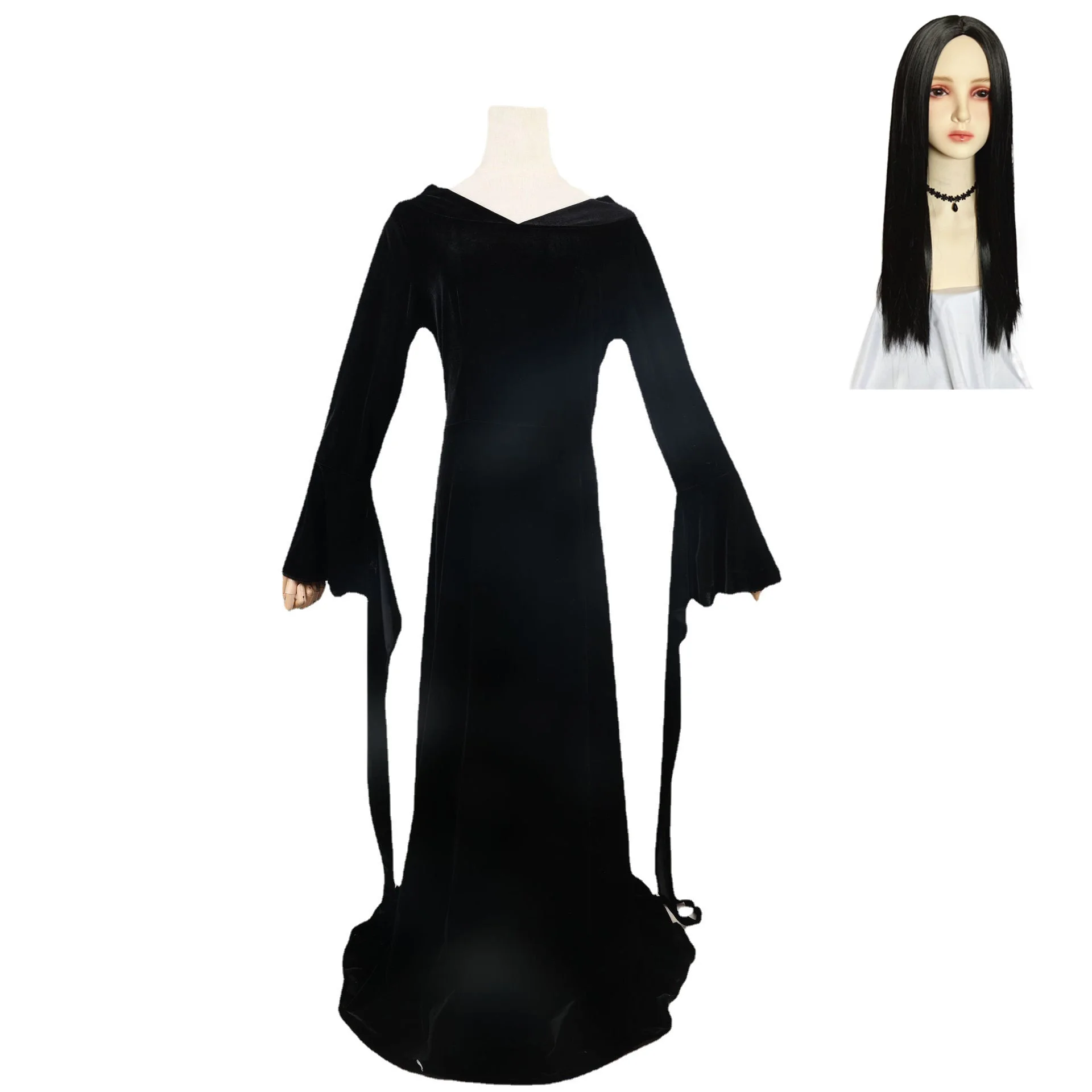 Women's Morticia Addams Floor Dress Costume Witch Sexy Gothic Vintage Dress  for Halloween Carnival Party