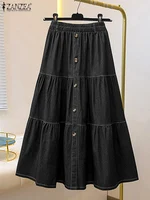 Autumn Elastic Waist Solid Skirts ZANZEA Fashion Women Denim Blue Skirt Elegant A-line Work Overskirts Casual Loose Holiday Jupe - Image 2