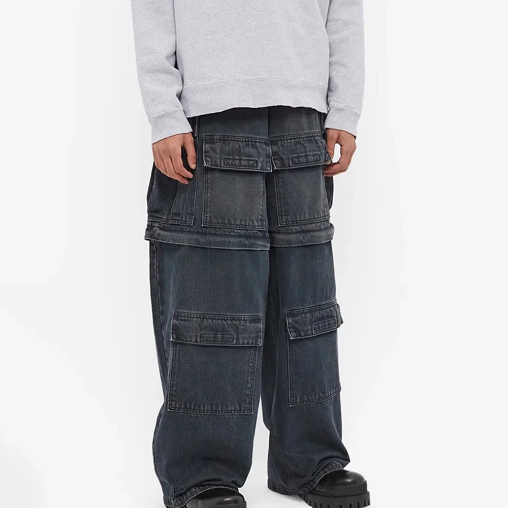 

NIGO Men's Solid Color Cotton Loose Fit Removable Multi-Pocket Straight Leg Workwear Denim Trousers Ngvp #nigo6579