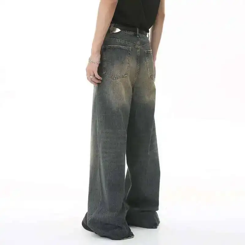 IEFB Men's Vintage Washed Wide Leg Denim Pants - Summer Distressed Casual Trousers
