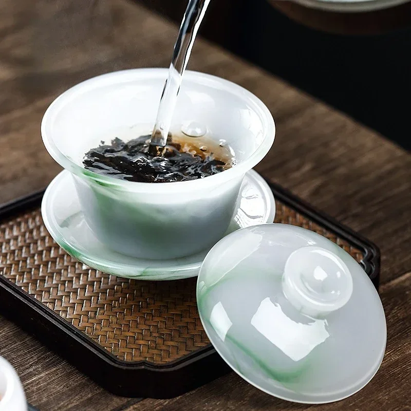 Emerald Green Ink Tea Cup Jade Porcelain Sancai Covered Bowl Tea Bowl Tureen Glass Kungfu Set Accessories Gift