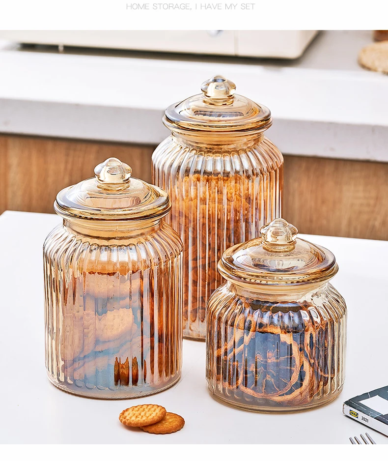 Creative Grid Glass Storage Jar Amber Sealed Glass Bottle Grain Food Storage Container Home Biscuits Candy Jar Home Decoration