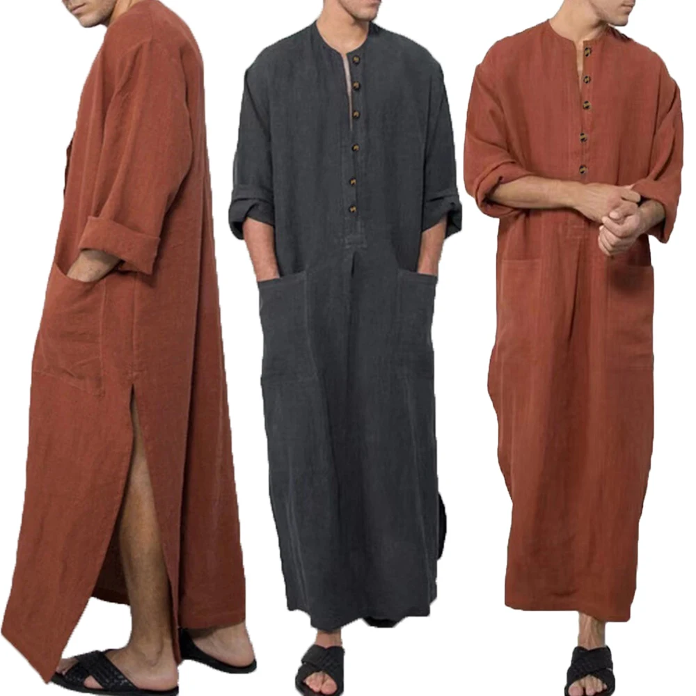 Vintage Muslim Men Islamic Arabic Jubba Thobe Robes Male Long Sleeve Pakistan Dubai Kaftan Abaya Pocket Robes Saudi Arabia Dress