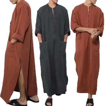 Vintage Muslim Men Islamic Arabic Jubba Thobe Robes Male Long Sleeve Pakistan Dubai Kaftan Abaya Pocket Robes Saudi Arabia Dress