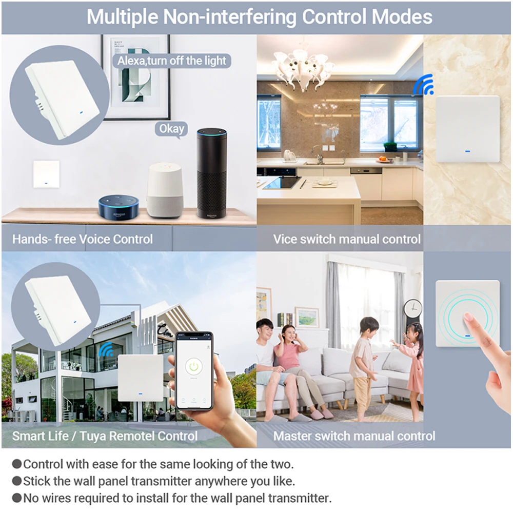 MoesGo Interruptor inteligente WiFi RF433 de 2ª generación de pared táctil  inteligente, no necesita cable neutro, compatible con Smart Life/Tuya App