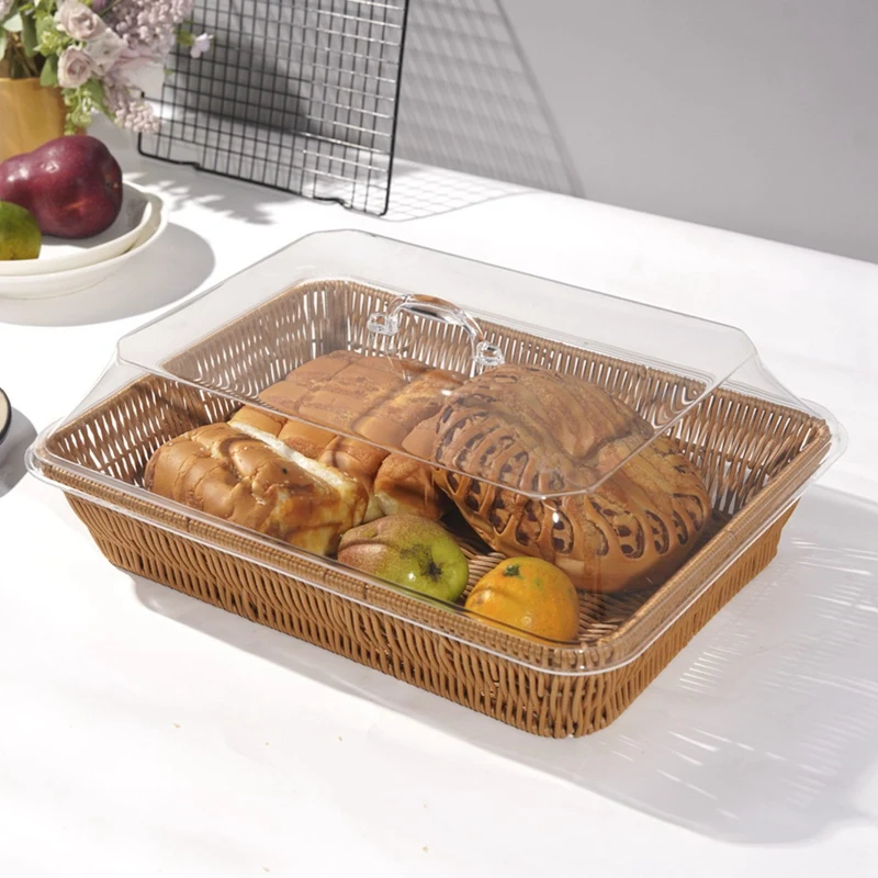 Woven Rattan Basket Bread Basket with Acrylic Lid Tabletop Food Serving Basket Woven Fruit Basket with Cover Imitation Rattan