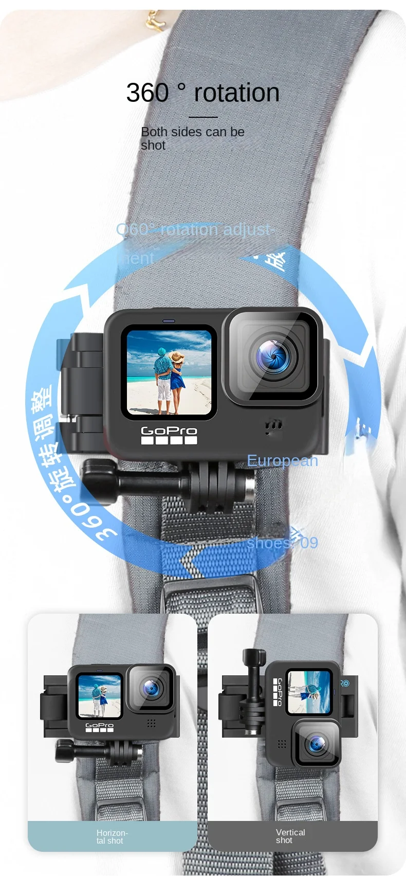 Supporto Per Tracolla Zaino Per GoPro - Regolabile 360°, Compatibile Con Action Cam E Smartphone - Foto 3