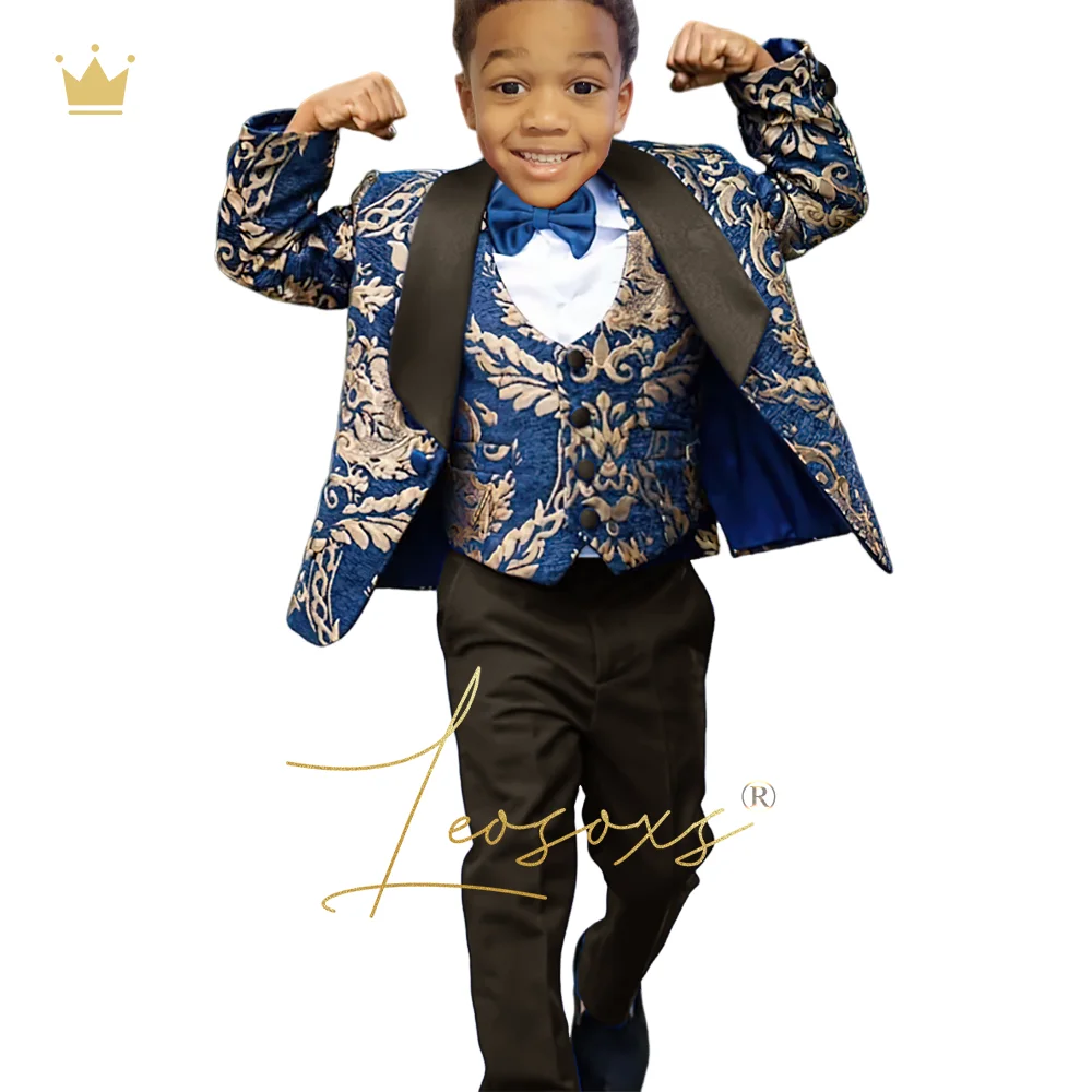 Boys blue gold flower jacket vest trousers dress suit tuxedo 3 piece set, children's wedding queue festival clothing