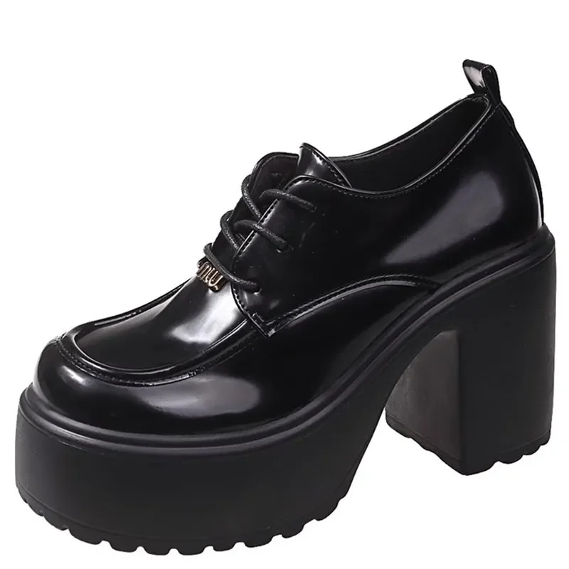 

Pu Leather Women's Platform Loafers 2023 Gothic Black Chunky High Heels Pumps Woman Preppy Style Jk Uniform Shoes Mujer