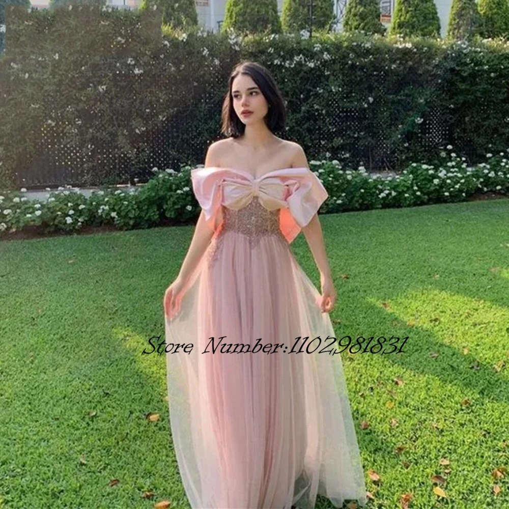 

Pink Sweetheart Senior Prom Dress Off The Shoulder Tulle Garden Evening Party Gown Bead Bow Back Formal Occasion 2024 New