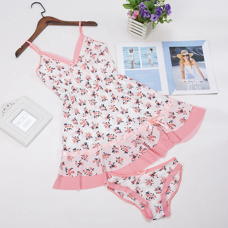 Sling mesh floral nightgown ice silk women spring and summer Korean and Japanese version large size thin printed two-piece nightgown