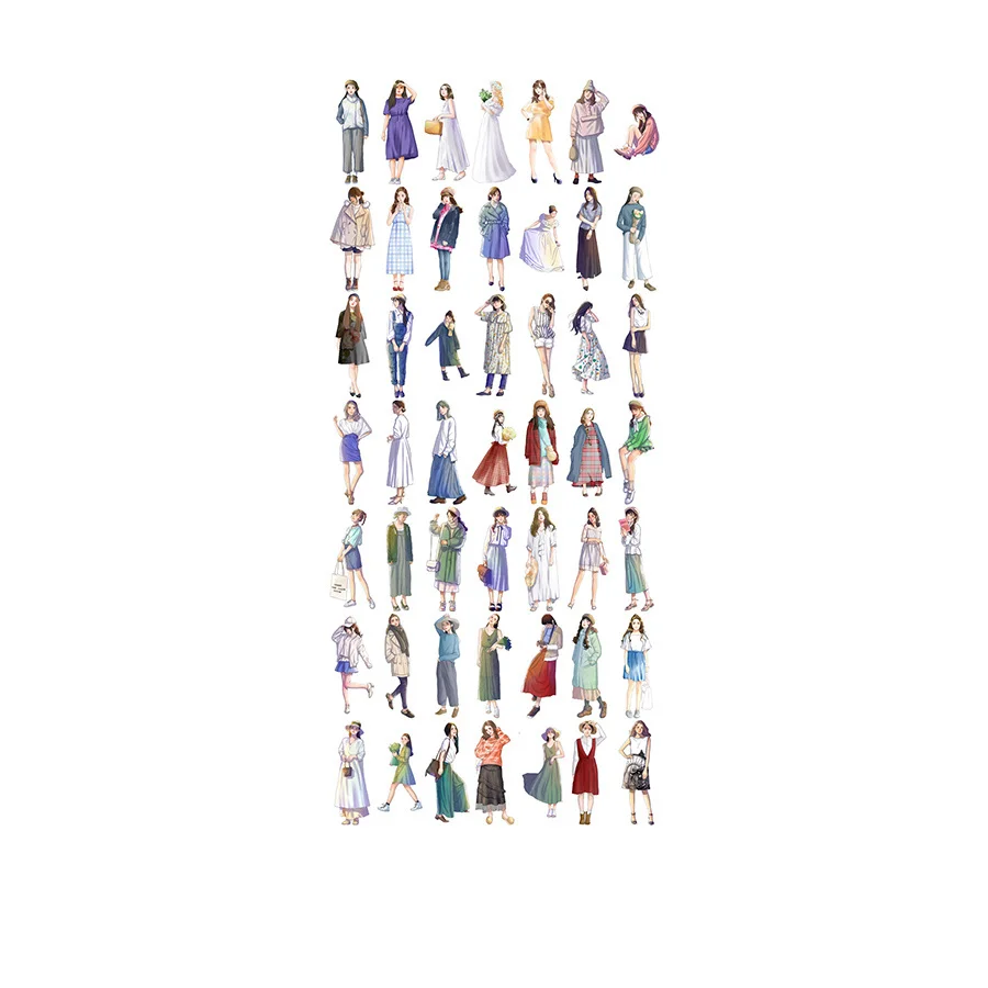 JIANWU 50 Sheets Simple Decor Material Girl Character Outfit Sticker Creative DIY Journal Scrapbooking Collage Stationery