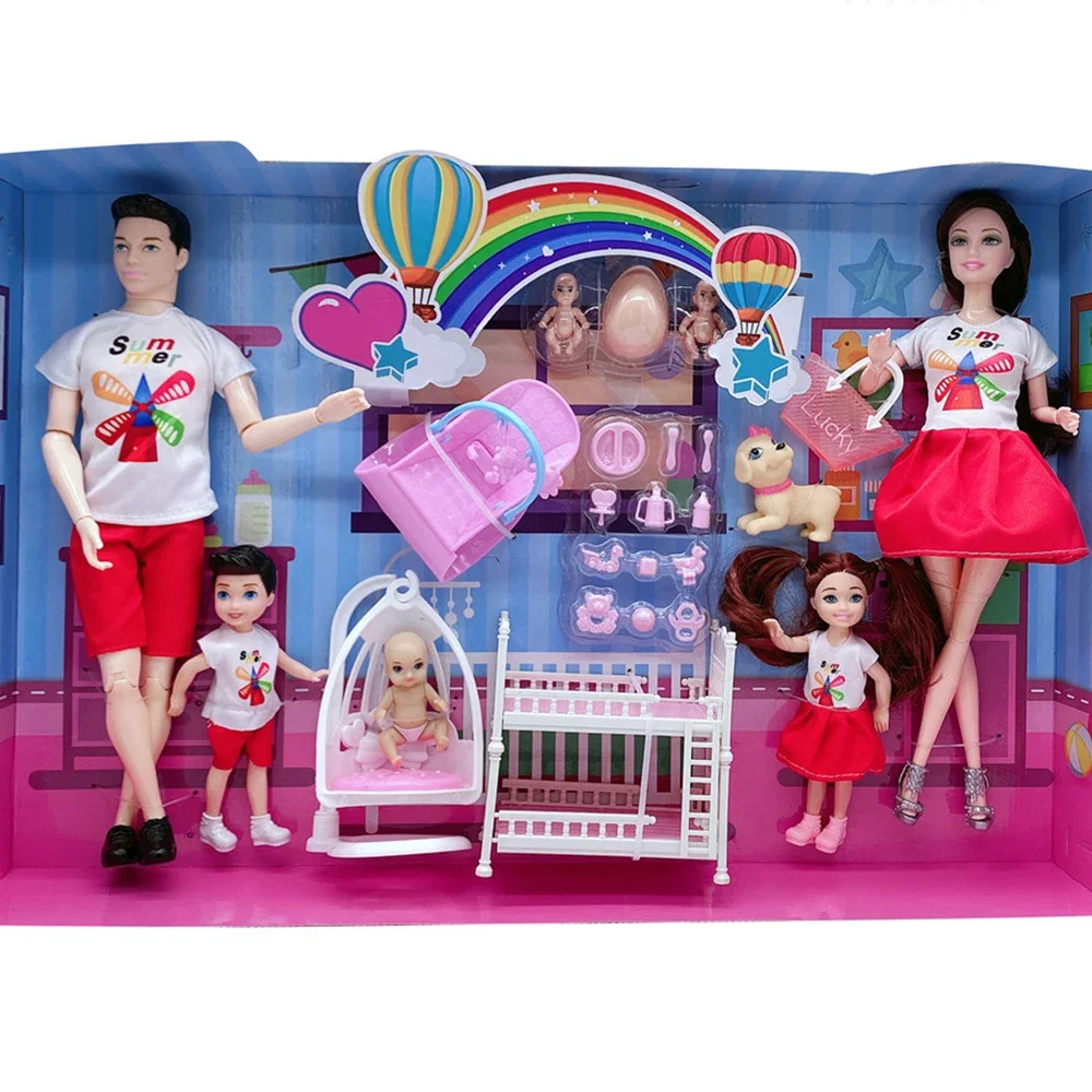 5Pcs/Lot Family Couple Dolls Pregnant Mom Doll Stroller Bed Accessories Baby Boy Ken Playset Kids Pretand Play Toys Girls Gifts doll accessories,doll accessories toys,mini dolls toys
