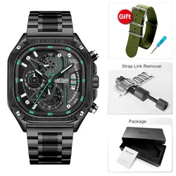 Sleek Black Quartz Men's Waterproof Watch with Square Dial and Stainless Steel Strap (Black Green - Box - T)
