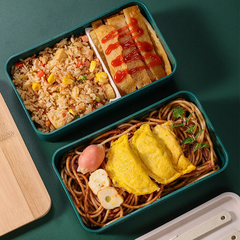 1pc Plastic Divided Lunch Box/Bento Container/Meal Prep Box/Food Storage Box  - Includes Chopsticks, Spoon, and Utensils