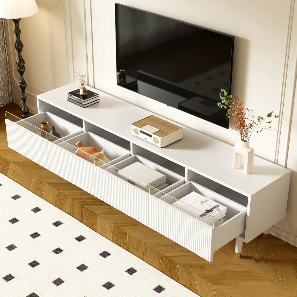 178 cm moderner weißer TV-Schrank, minimalistisches Design, mit großem Stauraum und 4 Schubladen, stabil, stilvoll und vielseitig, für Wohnzimmer – Detail 30