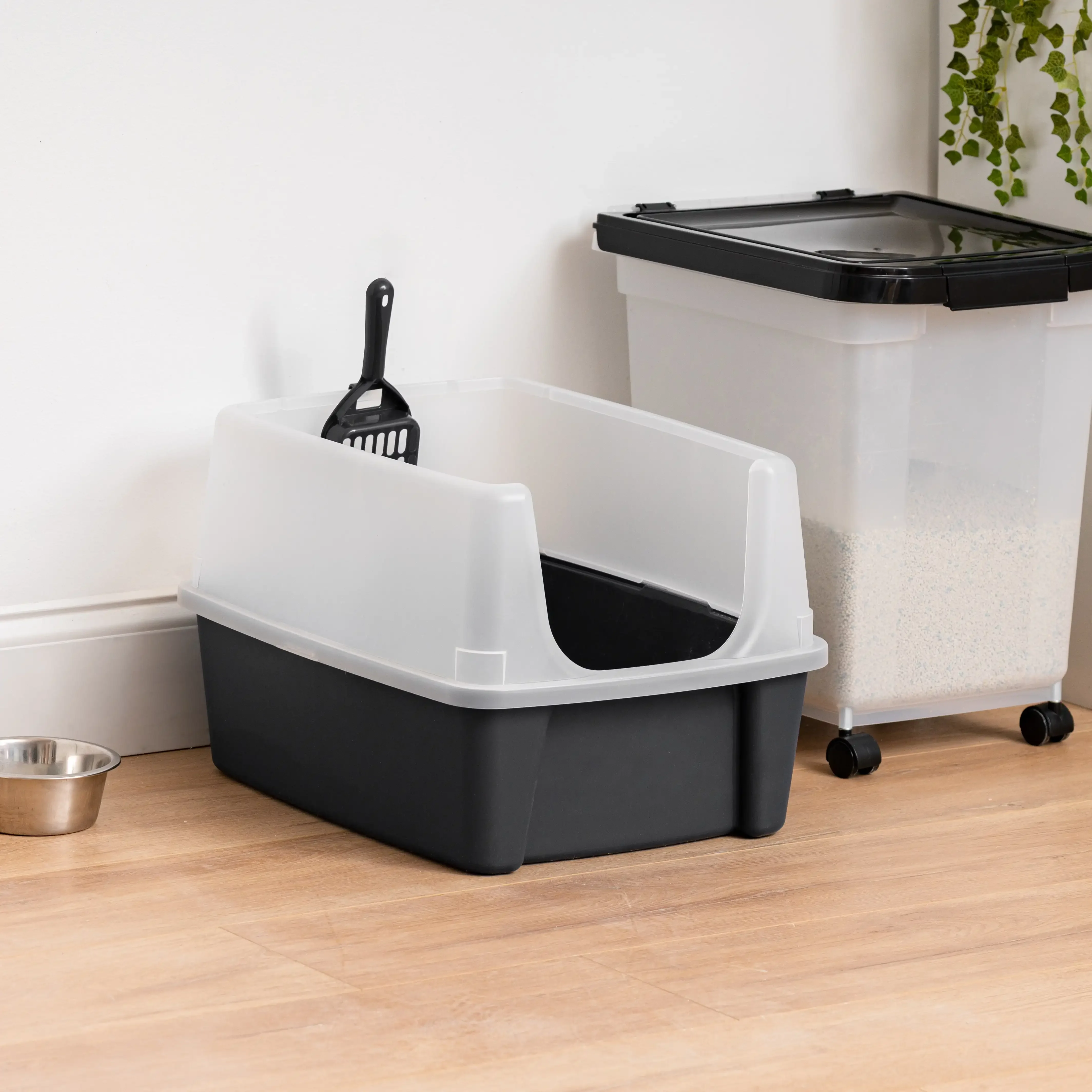 

Open-Top Cat Litter Box with Shield and Scoop, Black，Cat Litter Box