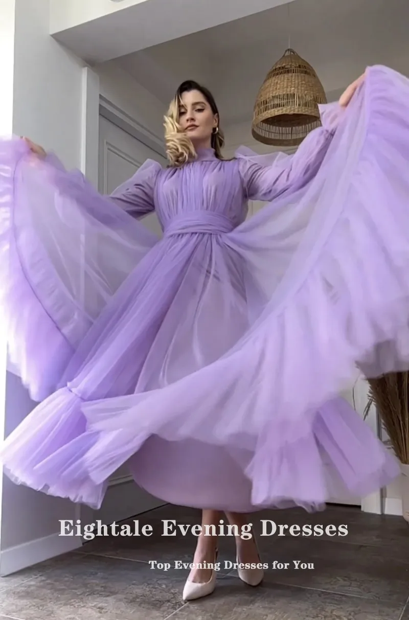 Purple Tulle Prom Dress – Long Sleeve, V-Neck, Puffy Sleeve Maxi Gown With Back Lace-Up - View #2