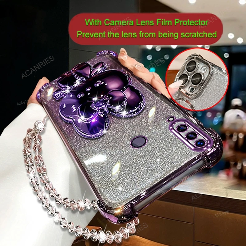 Plating Four Corners Anti-Fall Silicone Case with Mirror Rabbit Stand and Clear Bead Chain Cover