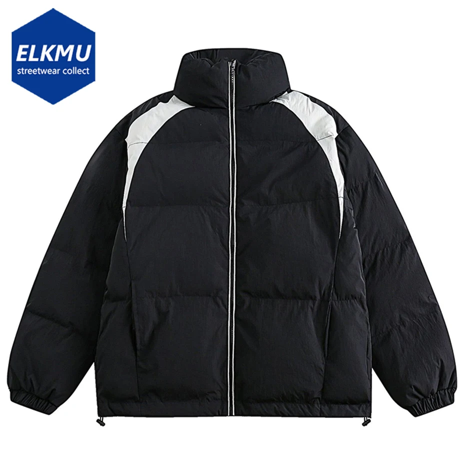 

2023 Winter Men Parkas Jackets Color Block Splicing Thicken Warm Coats Vintage Loose Padded Puffer Jacket Black Parkas
