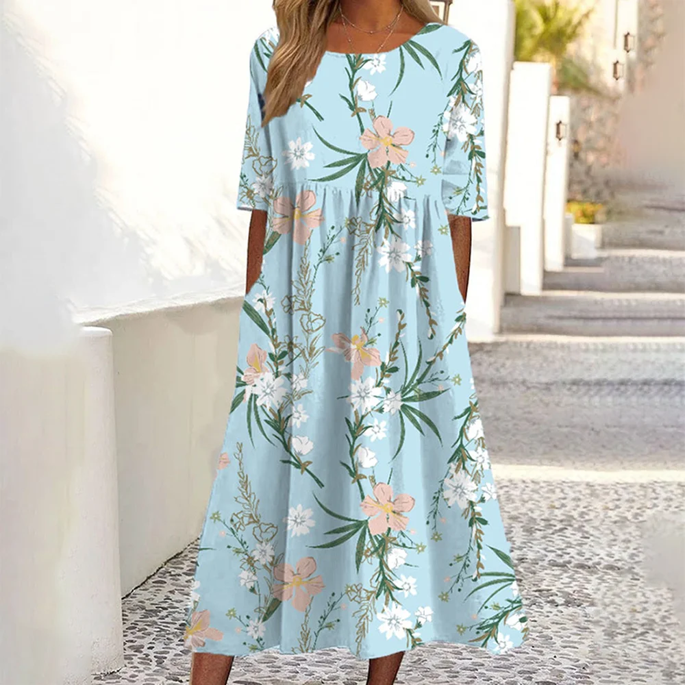 2026 Sommer Neuheit Damen Freizeitkleid mit Rundhalsausschnitt, Tasche und Kurzen Ärmeln mit Aufdruck