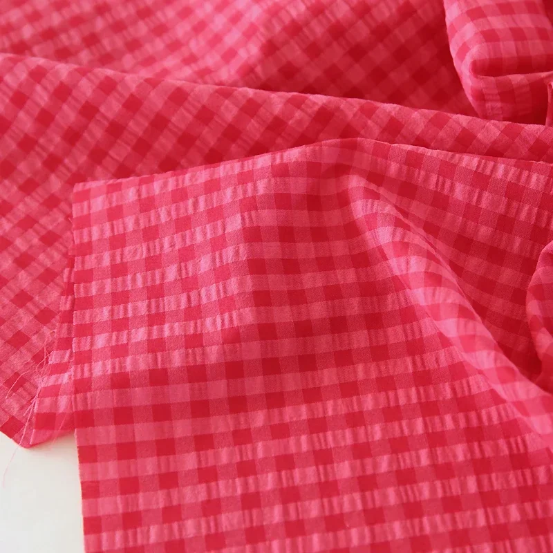 Pitaya Color Plaid Fabric Spring and Summer Yarn-Dyed Polyester-Cotton Washed Fabric Shirt Dress Clothing DIY Red Plaid