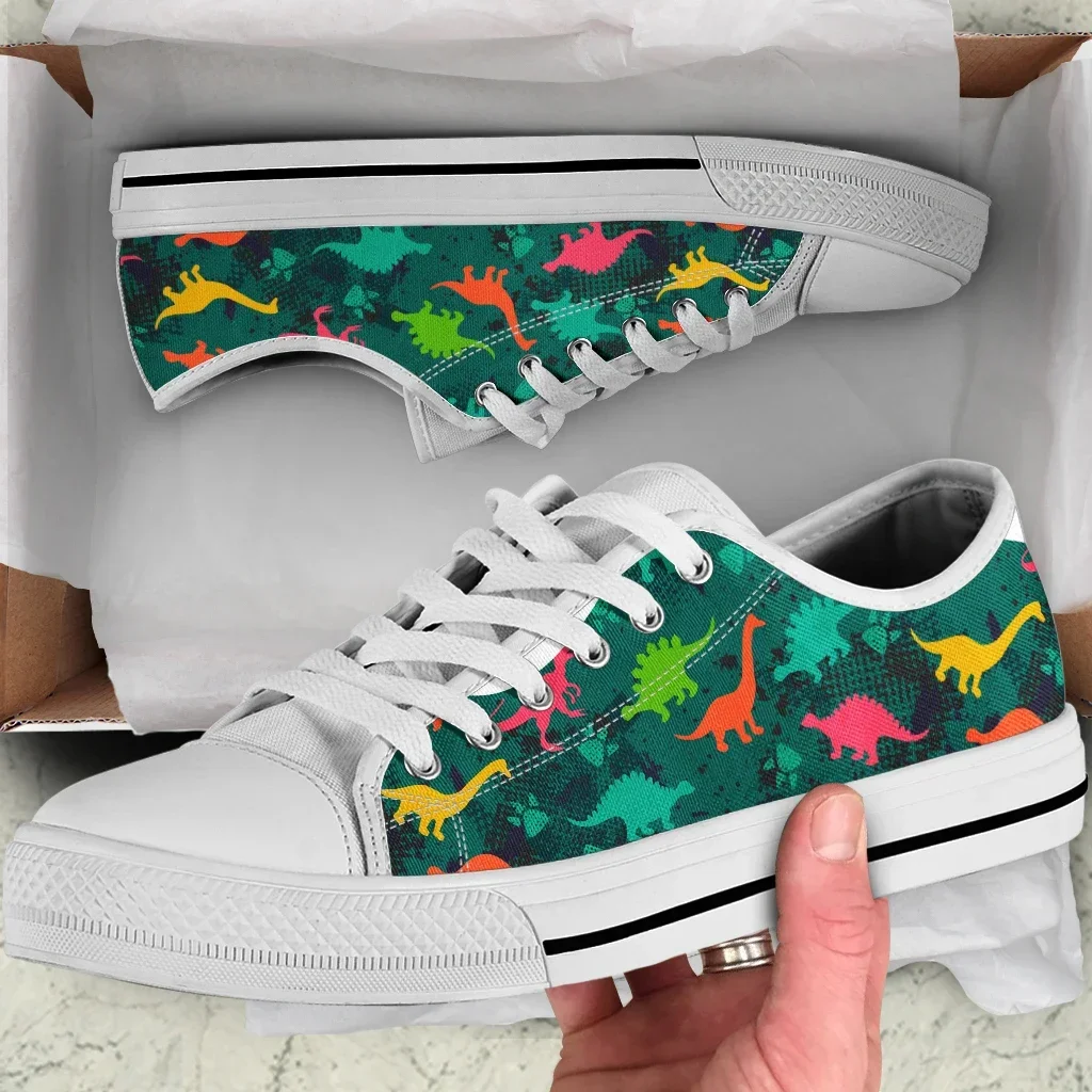 Camo Cartoon Dinasour Pattern Shoes Women Sneakers Zapatos De Mujer Black White Unisex Flat Canvas Shoes Lightweigt
