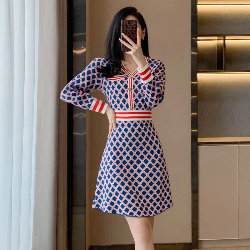 

Autumn Winter Vintage Plaid Sweater Dresses Women V Neck Striped Patchwork Knitwear Mini Short Knit Dress CHIC Ladies Vestidos