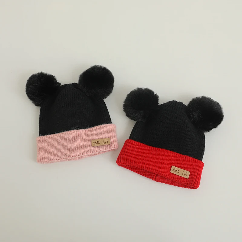 Cozy Winter Baby Hat Soft Cartoon Mouse Head Hat for Girls Boys Pom Pom Ball Hat for Kids Outdoor Warm Newborn Cap Infant Hats 4