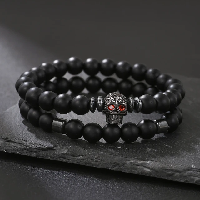 Fashion New Men Bracelet Skull Disco Ball Charm 8MM Lava Stone Bead  Bracelet For Men Jewelry Gift