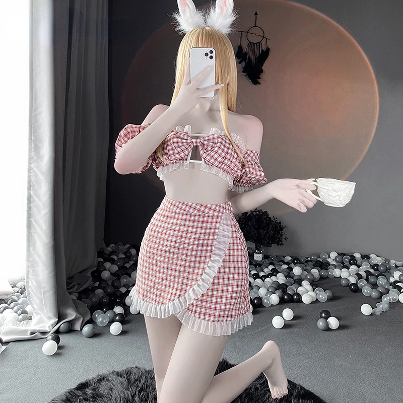 

Sexy Bunny Girl Cosplay Uniform Women Temptation Hollow Erotic Lingerie Short Skirt Set Kawaii Tube Top Split Lace Plaid Suit