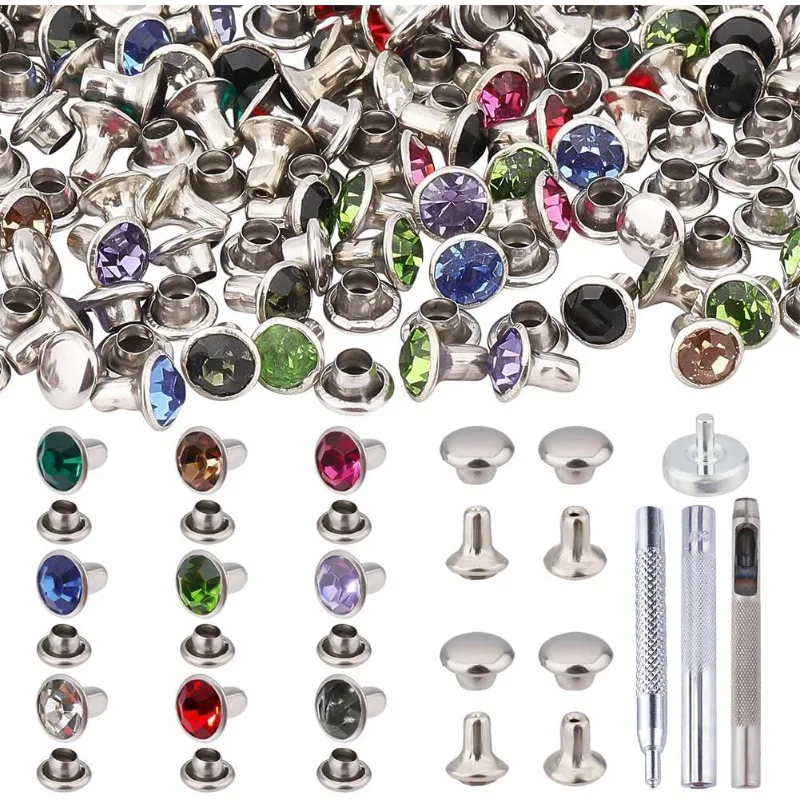 200 Sets Rhinestone Rivets Brass Crystal Rivets Studs with Pieces Setting Tool Kit Colorful Rivets for Leather Craft DIY Making 200 Sets Rhinestone Rivets Brass Crystal Rivets Studs with Pieces Setting Tool Kit Colorful Rivets for Leather Craft DIY Making