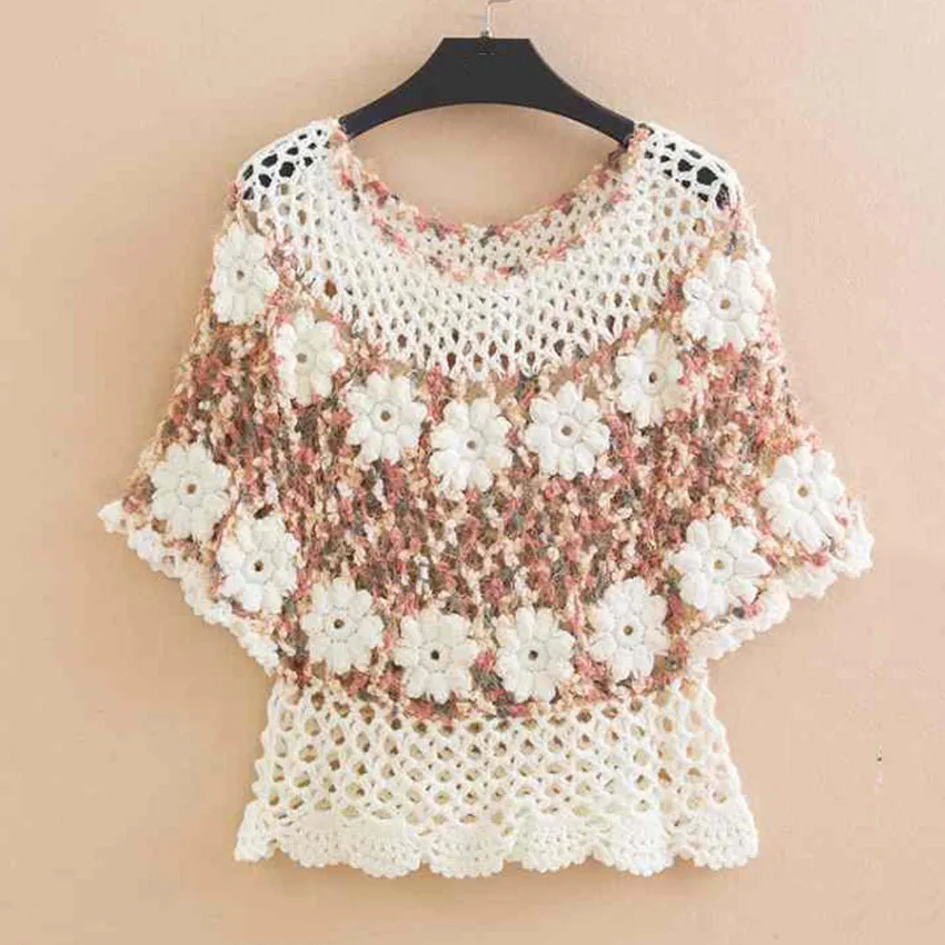 

Korean Style Fashion Vintage Sweater Women Half Sleeve Floral Embrodiery Crochet Top Pullover Autumn Winter Pull Femme Jumper