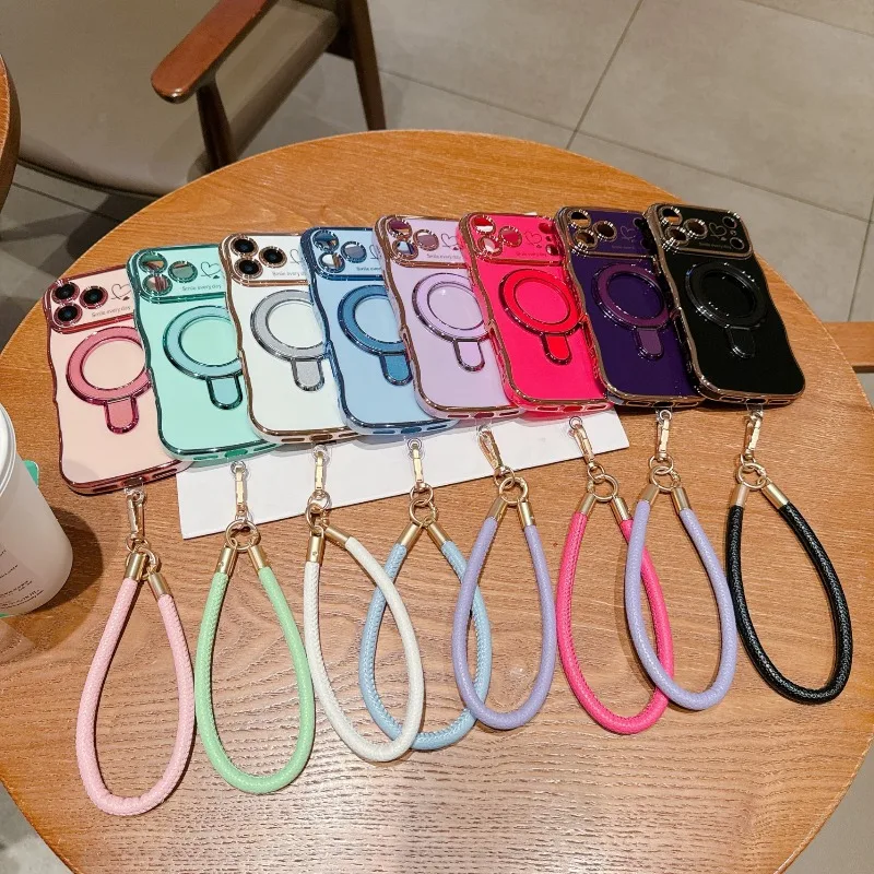 Love Heart Wave Kickstand Wrist Strap Phone Case - Shockproof Protective Cover