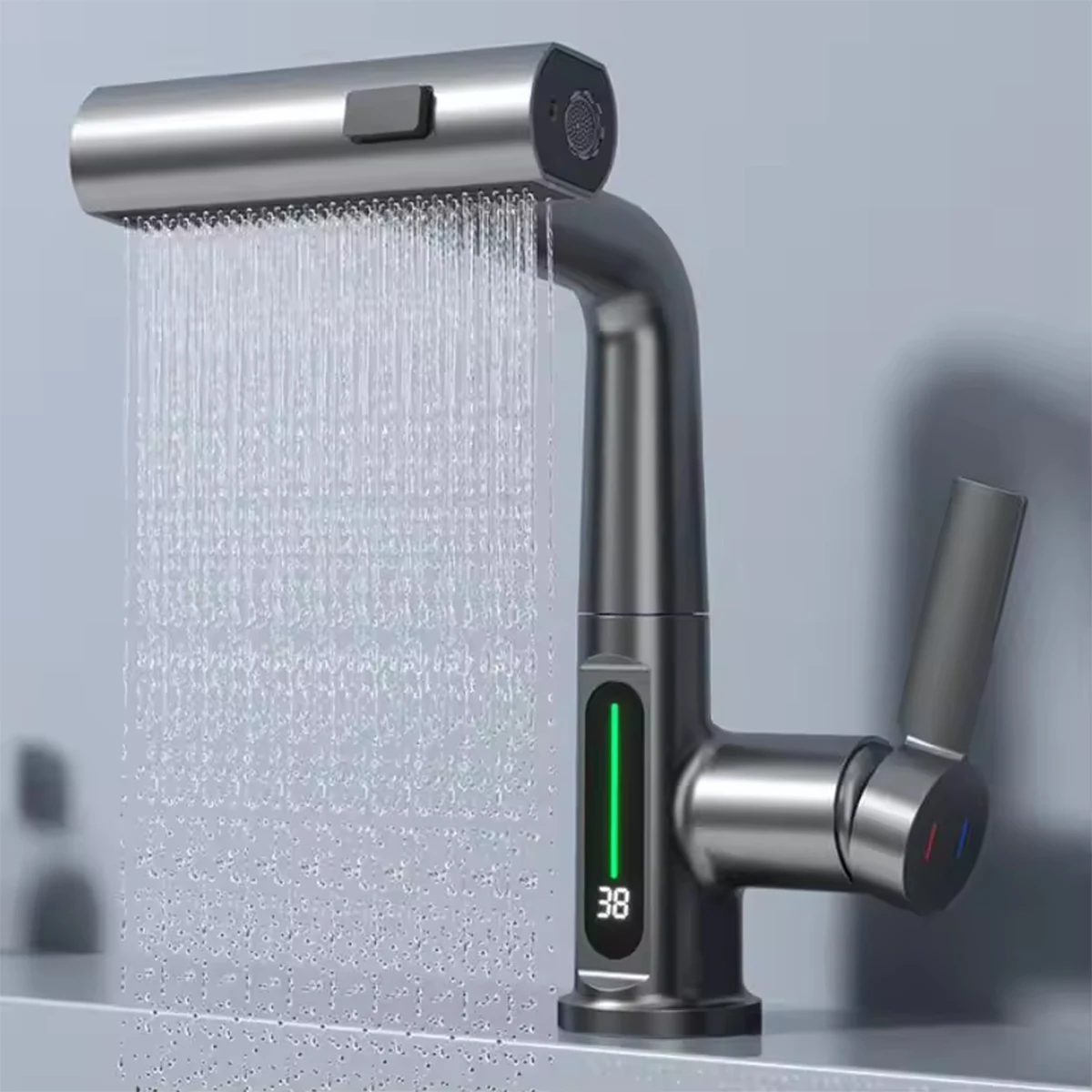 Golden Waterfall Temperature Digital Display Water Basin Faucet Hot/Cold Sink Mixer Bathroom/Kitchen Faucet Pullable Faucet