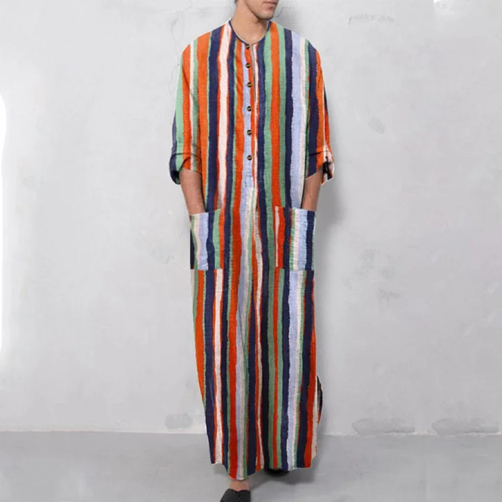 Muslim Men\'s Robe Casual Striped Print Long Loose All-match Kaftan Comfortable Long Sleeve Jubba Thobe Robes S-5XL