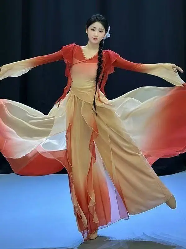 점진적 변화 댄스 의상 우아한 더블 레이어 스커트 무대 공연 의상 클래식 댄스 의류 에테리얼 드리프팅 가운 이미지 4