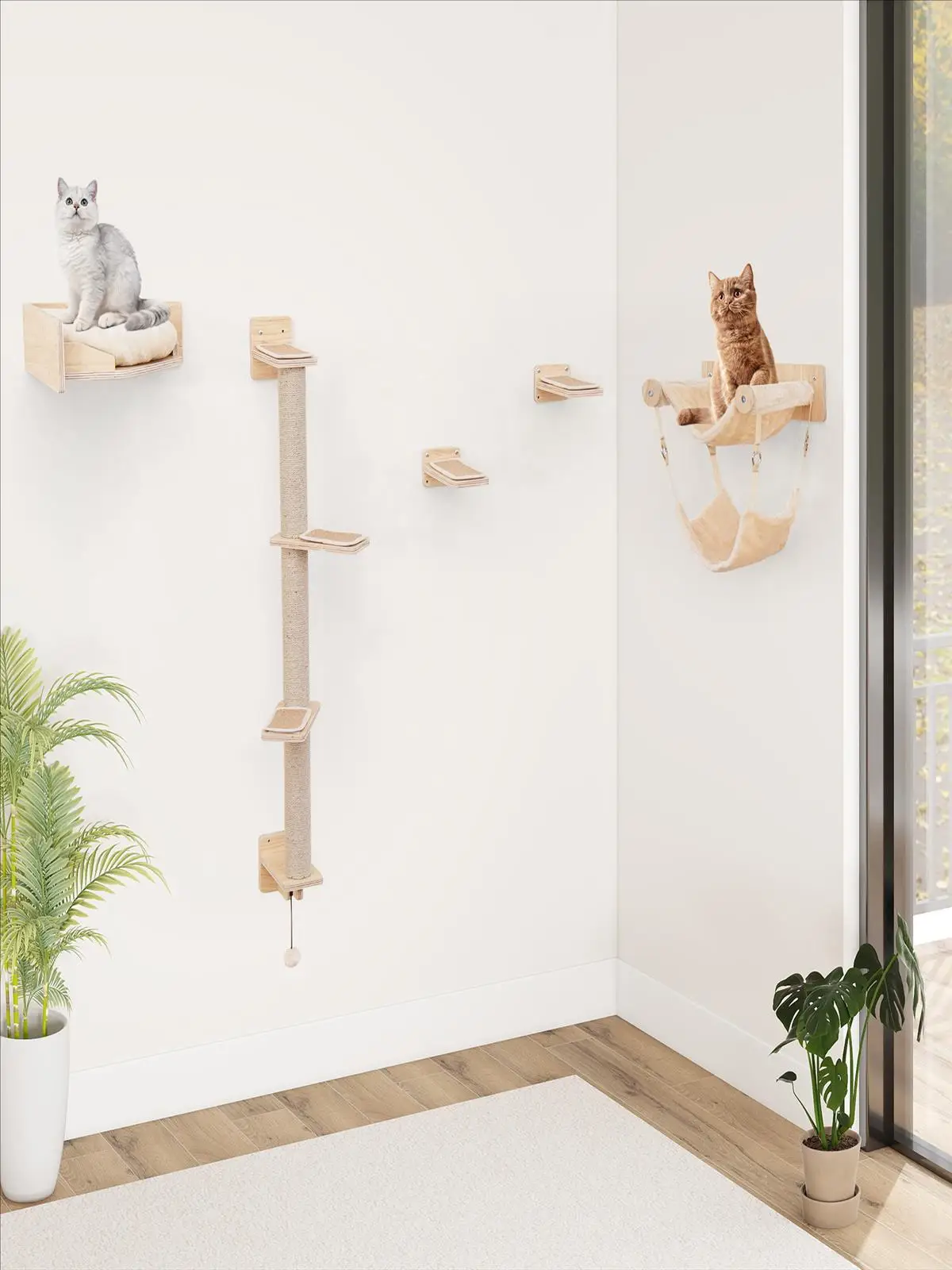 5-teilige Kletterwand für Katzen, Kratzbaum mit Plattformen, Jute-Kratzstäbe, Katzenbett, 2 Hängematten, Kratzbaumwand – Detail 1