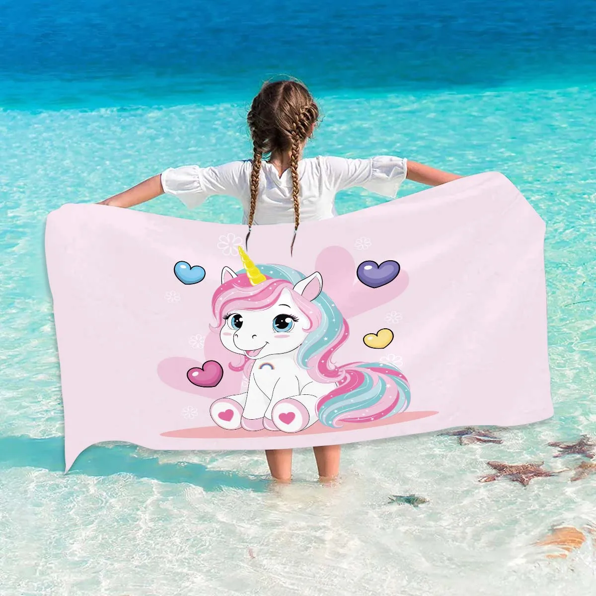 Name Benutzerdefiniertes Cartoon-Strandtuch Niedliches Einhorn Weiche Mikrofaser Reise-Camp-Handtuch Saugfähiges, schnell trocknendes Badetuch Geschenk für Mädchen – Detail 19