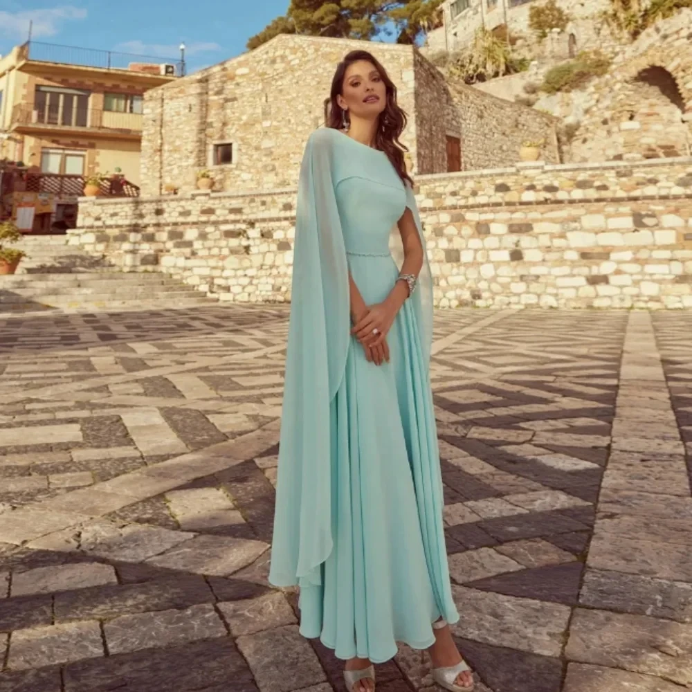 

Romantic Green Chiffon Evening Dresses 2024 Cap Sleeves O-neck Sash A-line Prom Party Formal Gowns For Women Robe De Soiree