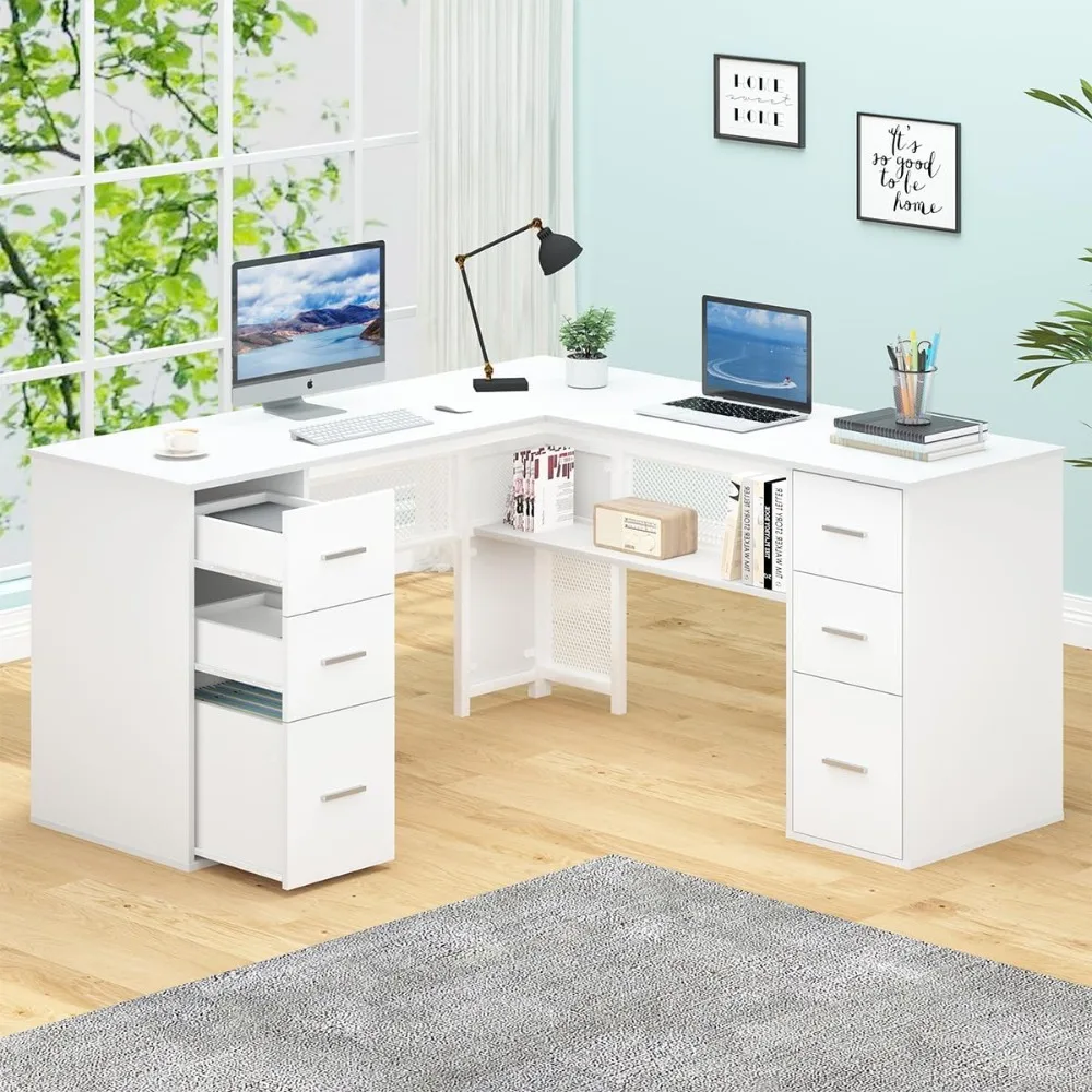 White L Shaped Desk with Drawers Shelves, Large Home Office Corner Computer Desk with Storage File Cabinet, Modern Metal Wood D 4